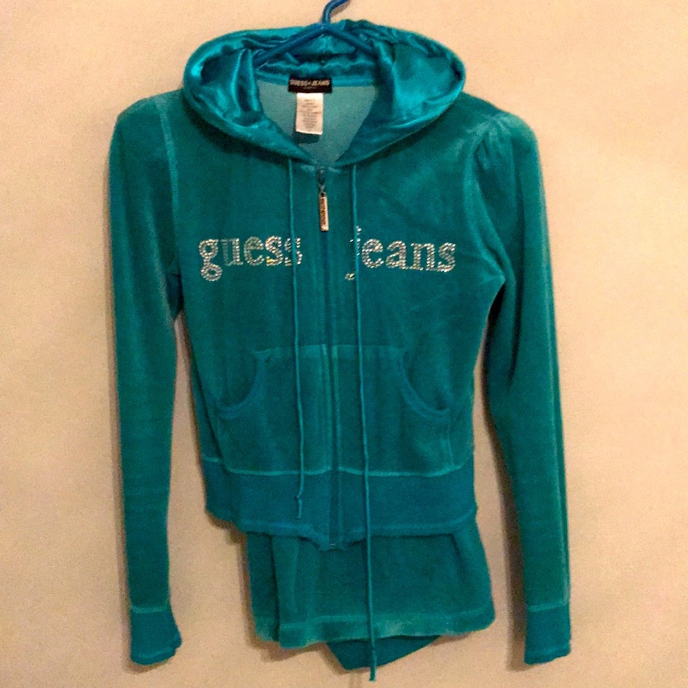 Guess Teal Velour Hoodie Set with Rhinestone Logo